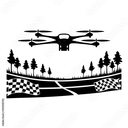 FPV drone silhouette racing to finish line, black and white, competition scene with copy space