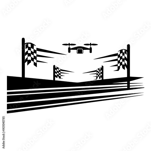 Racing drones with motion blur crossing checkered finish line