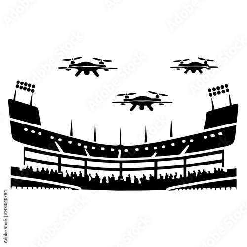 FPV drones in action inside stadium, bold black silhouette, thrilling race concept