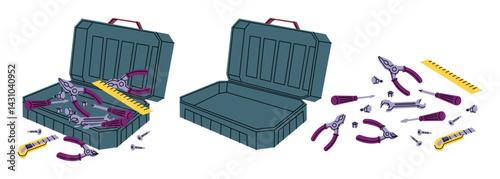 Cartoon Color Empty and Full Open Construction Toolkit Boxes Set Repair Master Implement Tool Box Concept Flat Design Style. Vector illustration