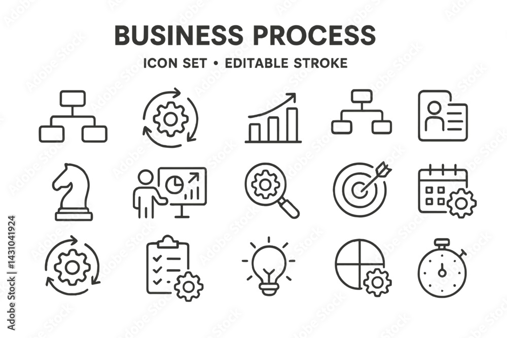 Vector icon set displaying various elements related to business processes, including workflows, analysis, and planning tools Vector icon set displaying various elements related to business processes, including workflows, analysis, and planning tools