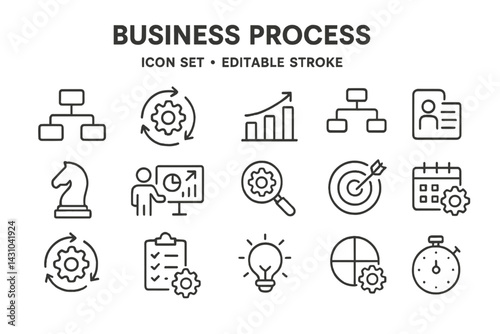 Vector icon set displaying various elements related to business processes, including workflows, analysis, and planning tools