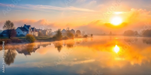 Serene Sunrise Over Water Reflecting Houses and Misty Landscape