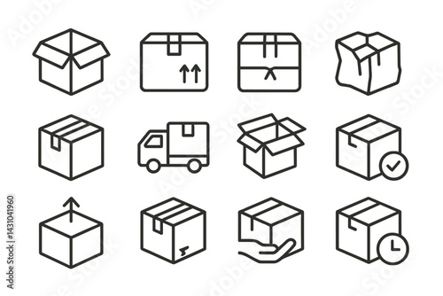 Vector icon set featuring various box designs for shipping and packaging purposes used in logistics and delivery services