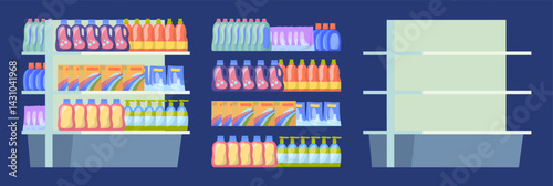 Cartoon Color Empty and Full Supermarket Shelving with Cleaning Products Set Concept Flat Design Style. Vector illustration