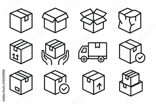 Vector icon set featuring various box designs and delivery symbols for packaging and logistics needs