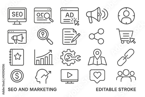 Vector icon set showcasing digital marketing tools and methods for enhancing online presence
