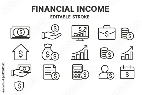 Vector icon set featuring financial income symbols including cash, charts, and business tools for budgeting and finance