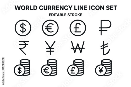 World currency line icon set featuring various global currency symbols and coins designed for digital applications