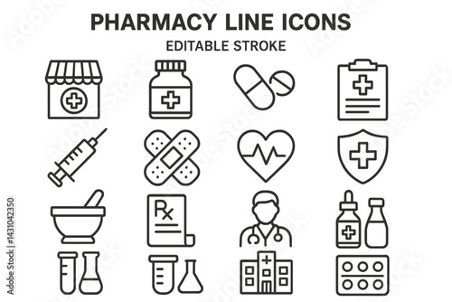 Vector icon set featuring pharmacy-related elements including medication, medical equipment, and healthcare symbols
