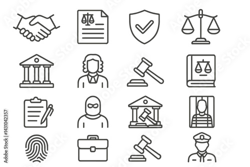 Vector icon set featuring legal symbols, justice representation, and law enforcement elements for educational and professional use