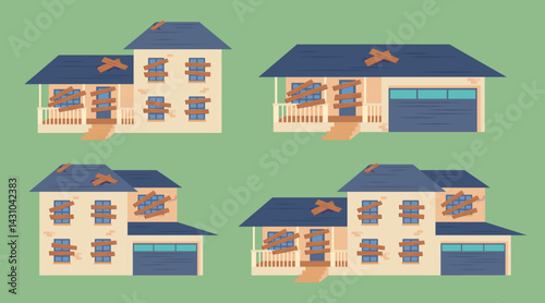 Cartoon Color Different Dilapidated House Set Abandoned Building Concept Flat Design Style. Vector illustration of Old Weathered Houses
