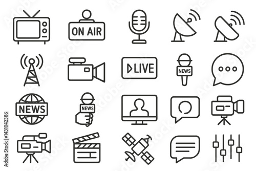 Vector icon set featuring media-related symbols and elements for broadcasting and communication