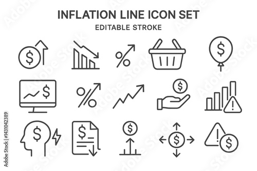 Vector icon set representing inflation trends, financial metrics, and economic indicators for graphic design projects