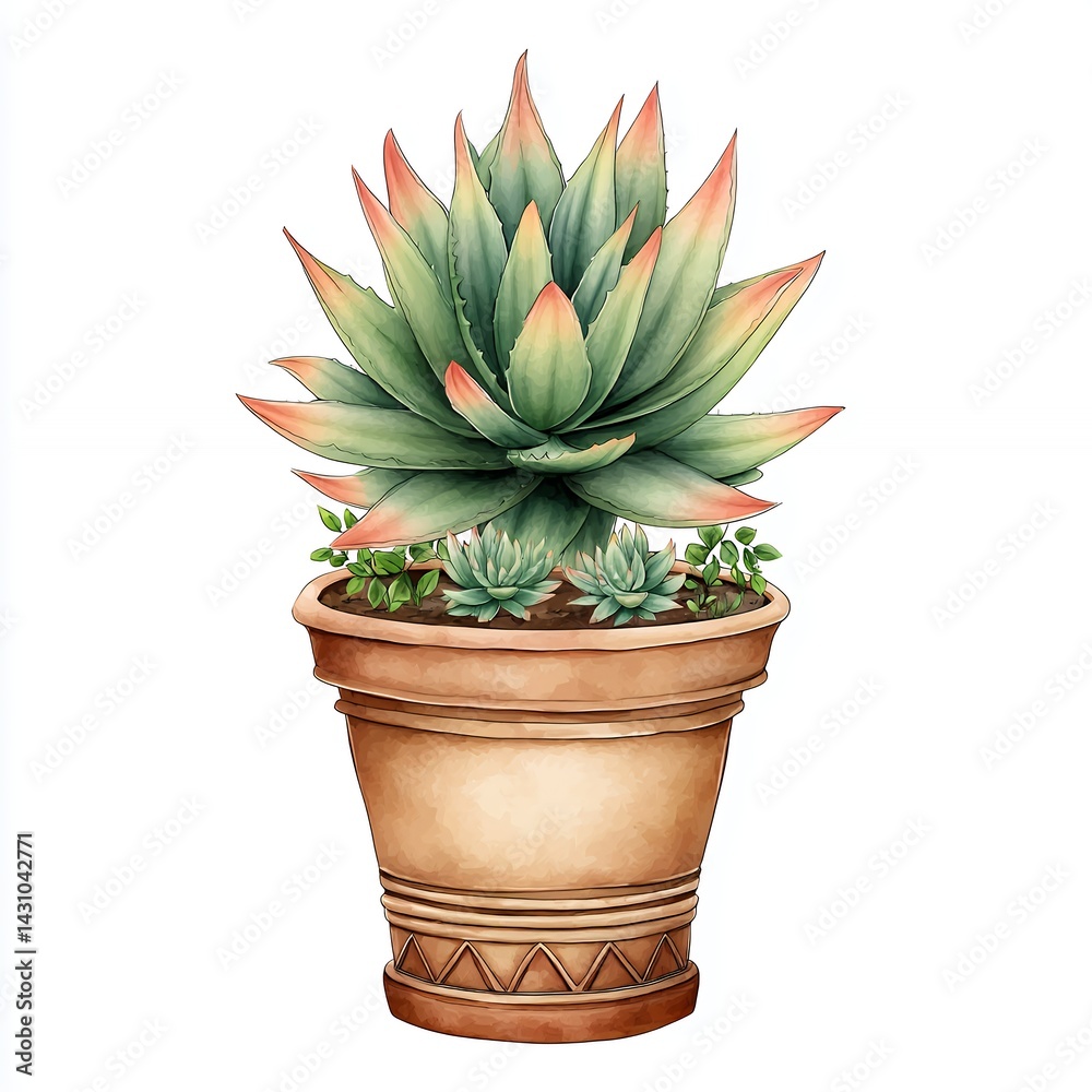 Fototapeta premium Watercolor Succulents in Terracotta Pot on White Background