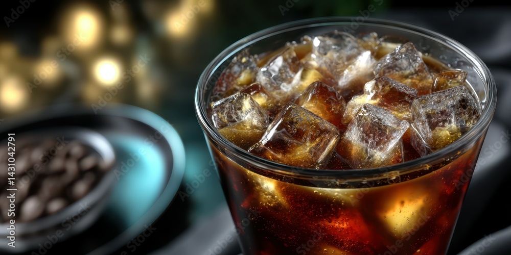 Refreshing cold beverage served in a glass filled with ice at a cozy indoor setting during the evening Refreshing cold beverage served in a glass filled with ice at a cozy indoor setting during the evening