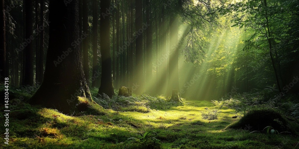 Fototapeta premium A tranquil forest bathed in sunlight beckons adventure.