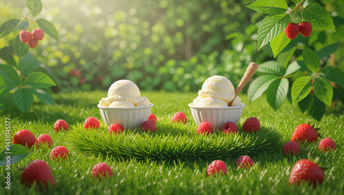 Nature-themed podium with vanilla ice cream scoops surrounded by raspberries and strawberries in a lush garden