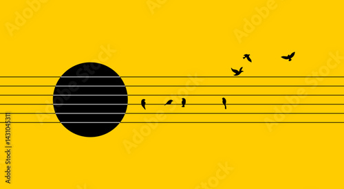 Musical illustartion concept guitar, strings with flying birds suitable for music poster art 