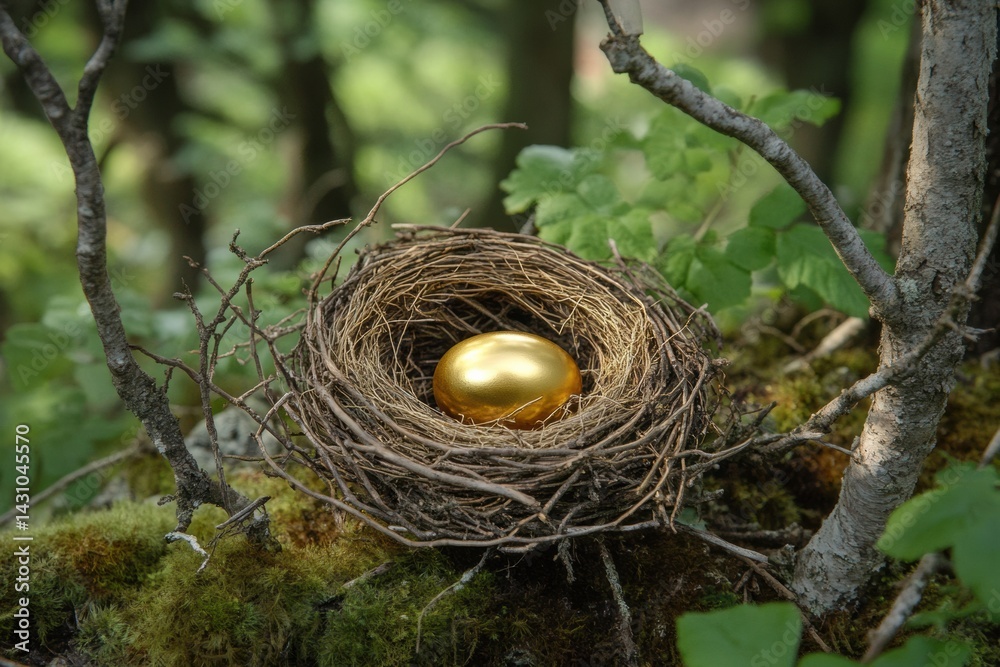 Golden Egg Nestled in a Bird Nest Symbolizes the Harmony of Nature and Value in a Lush Forest Setting Generative AI