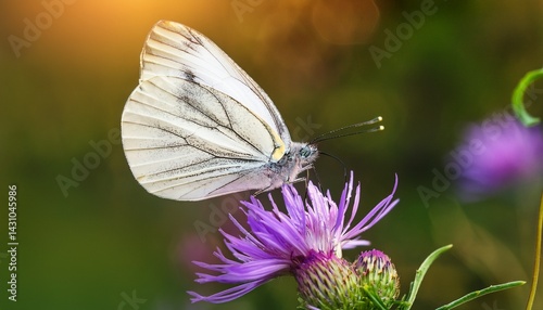 pieris brassicae the large white butterfly perched on a vibrant purple wildflower in nature