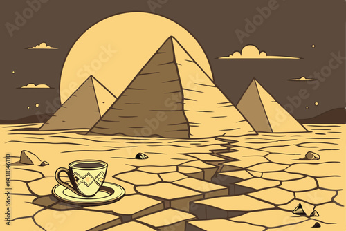 1 Ancient Egyptian pyramids, cracked desert landscape, abandoned teacup and saucer, dramatic sunset sky, moody atmosphere, golden light, weathered stone, surreal composition, wide-angle photography, h
