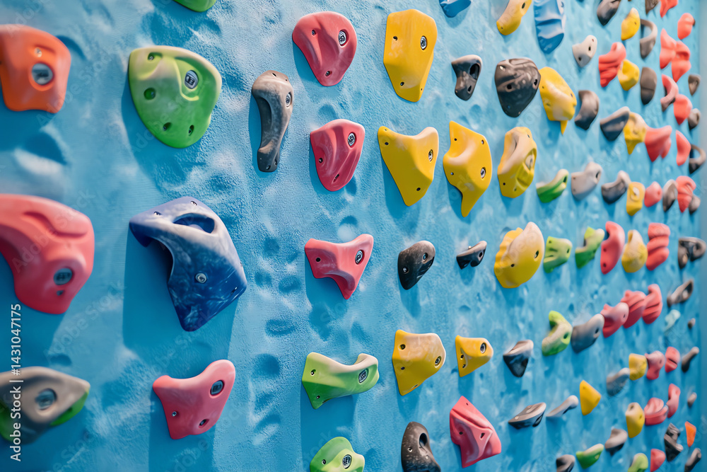 Colorful Climbing Holds on a Blue Climbing Wall Colorful Climbing Holds on a Blue Climbing Wall