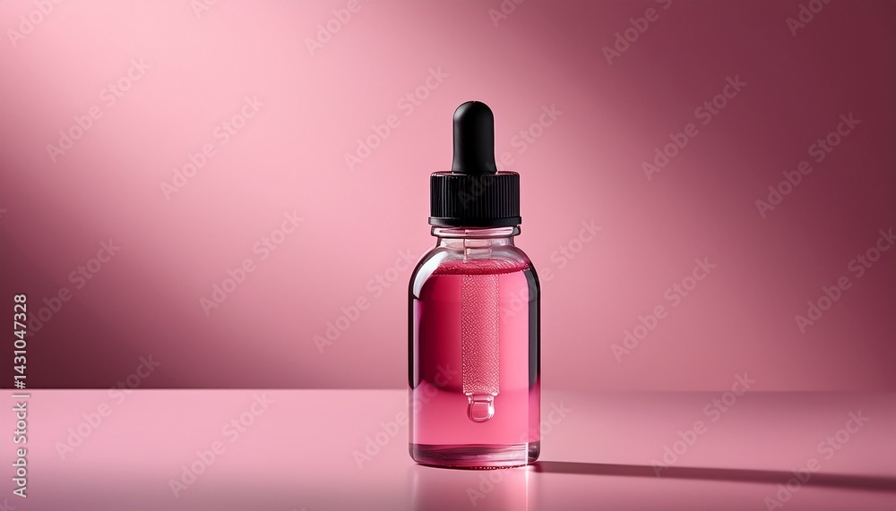 pink liquid in bottle with black dropper on pink background pink liquid in bottle with black dropper on pink background