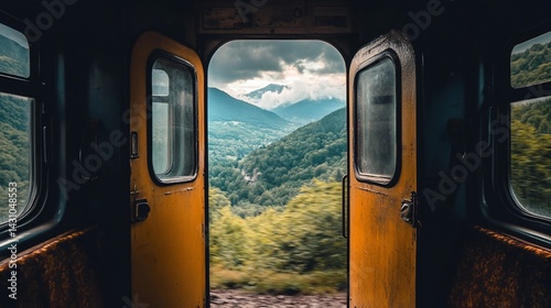 A journey through scenic landscapes, viewed from the open doors of a train