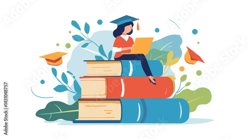 Modern Distance Education Concept with Student on Stack of Books Using Digital Device - Online Learning Vector Illustration