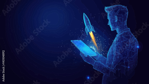 Abstract Businessman with Tablet Launching Rocket Hologram Vector Illustration for Digital Boost and Startup Concepts