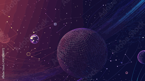 Abstract Wireframe Earth in Starry Universe with Planets and Constellations, Minimalist Vector Art for Space and Astronomy Concepts