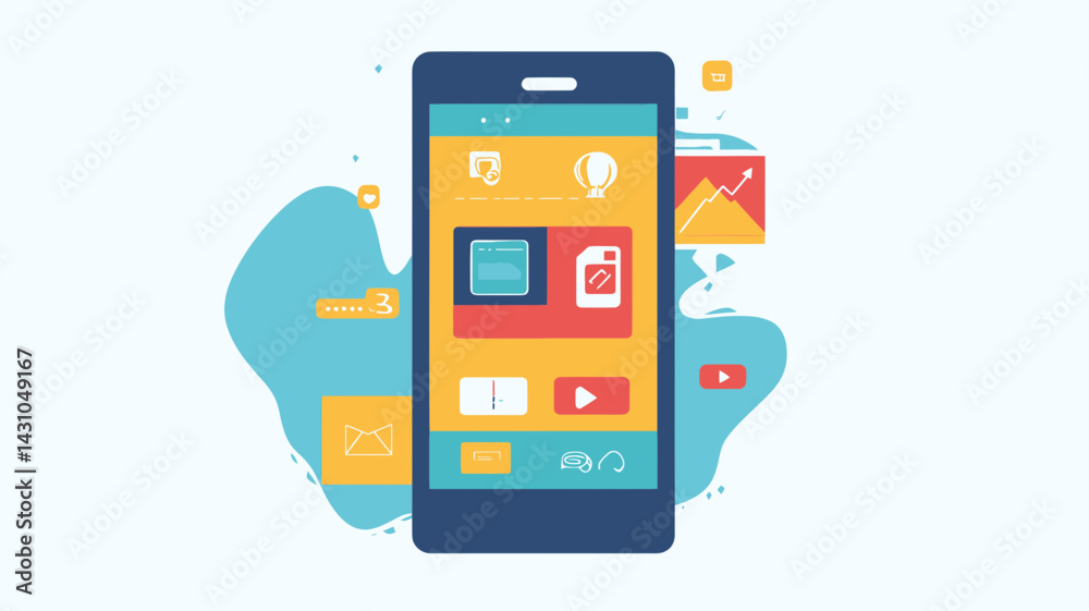 Flat Design Mobile Application Interface Concept with Various App Icons and Notifications for UI/UX Design, Technology, and Digital Communication Flat Design Mobile Application Interface Concept with Various App Icons and Notifications for UI/UX Design, Technology, and Digital Communication