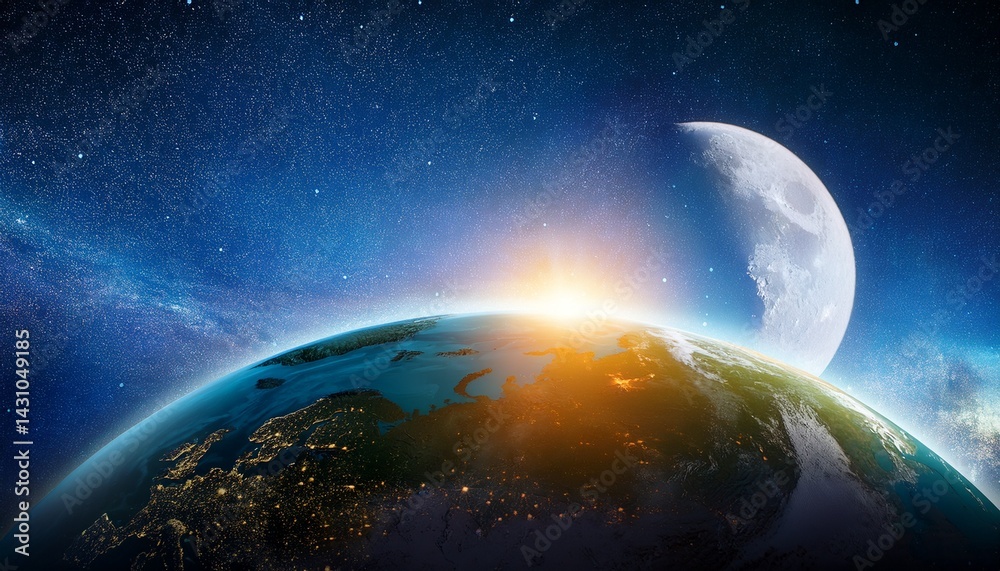 Obraz premium planet earth with sunrise and moon in space