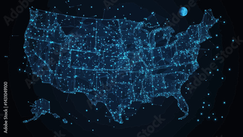USA Map Starry Sky Vector Wireframe, Abstract Space Concept, Minimalist SVG, Digital Connectivity and Geographical Representation