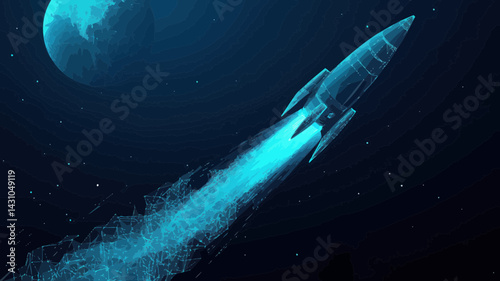 Digital Rocket in Orbit around Earth - Abstract Light Blue Technological Background - Low Poly Wireframe Spacecraft with 3D Effect - Polygonal Science Art for Space Exploration and Technology Concepts
