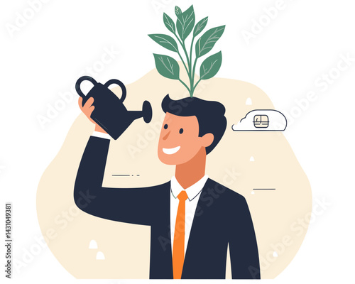 Smart businessman nurturing growth mindset and creativity for business innovation, self-improvement with positive attitude, flat minimalist SVG vector