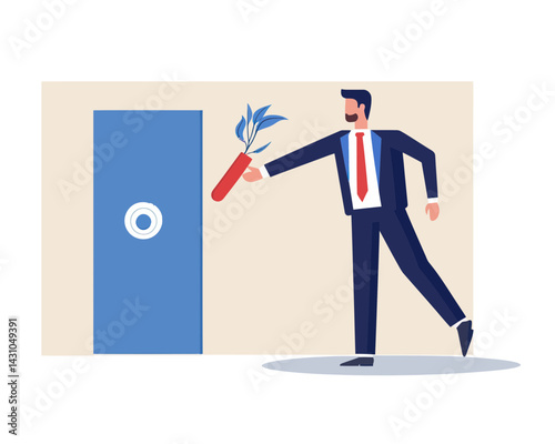 Boss Using Magnet for Employee Retention and Loyalty with Incentive Program, Flat Minimalist SVG Vector, Reducing Resignation Rate of Important Talent