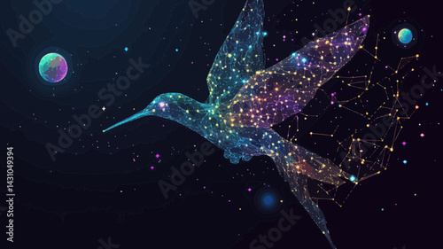 Starry Sky Colibri Abstract Vector: Hummingbird in Universe Wireframe with Planets, Stars and Cosmic Points, Line Art Concept for Minimalist and Space-Themed Designs