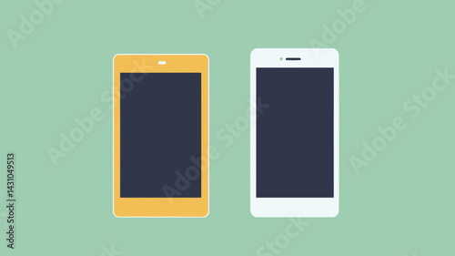 Vector Illustration of Yellow Tablet and White Mobile Phone Icons on Green Background, Modern Touchscreen Devices, Technology Graphics