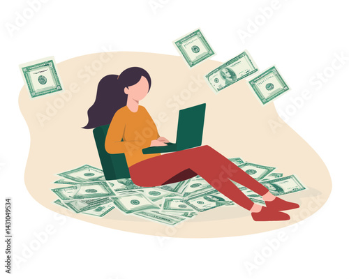 Young Woman Working on Laptop Making Money Online, Multi Income Stream, Side Hustle Earnings, Investment Returns, Sitting on Heap of Dollar Banknotes, Flat Minimalist SVG Vector Illustration