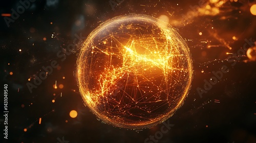 Glowing sphere made of connected data streams and particles, abstract AI
