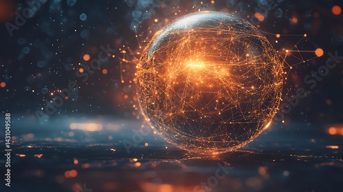Glowing sphere made of connected data streams and particles, abstract AI