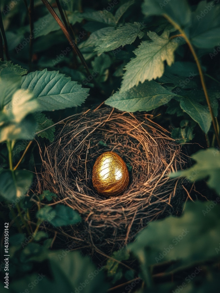 Natures Treasure With a Golden Egg Nestled in a Birds Nest Among Lush Greenery Generative AI