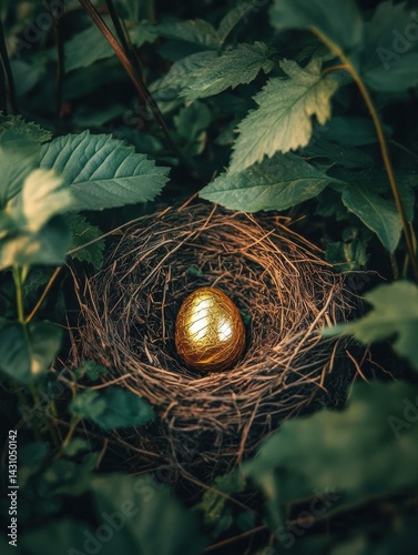 Obraz na płótnie Natures Treasure With a Golden Egg Nestled in a Birds Nest Among Lush Greenery Generative AI w salonie