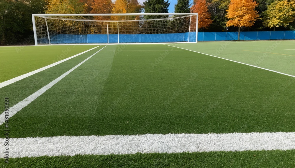 Fototapeta premium A soccer field with white lines and a goal post with trees in the background on a sunny day