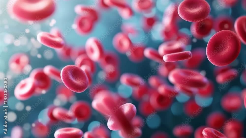Close-up view of red blood cells moving through a fluid medium, highlighting their shape and structure intricacies.
