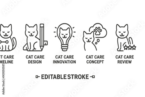 Vector icon set showcasing various aspects of cat care such as timeline, design, innovation, concept, and review for pet owners