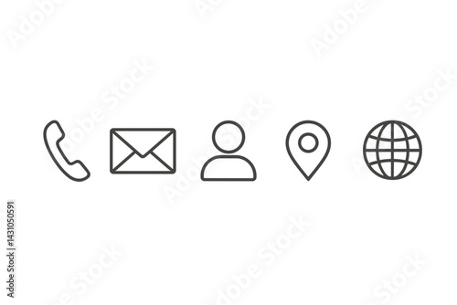 Vector icon set featuring communication symbols for contact details and location services in a modern outline style