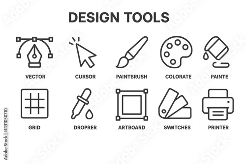 Vector icon set featuring essential design tools for graphic design and digital art creation